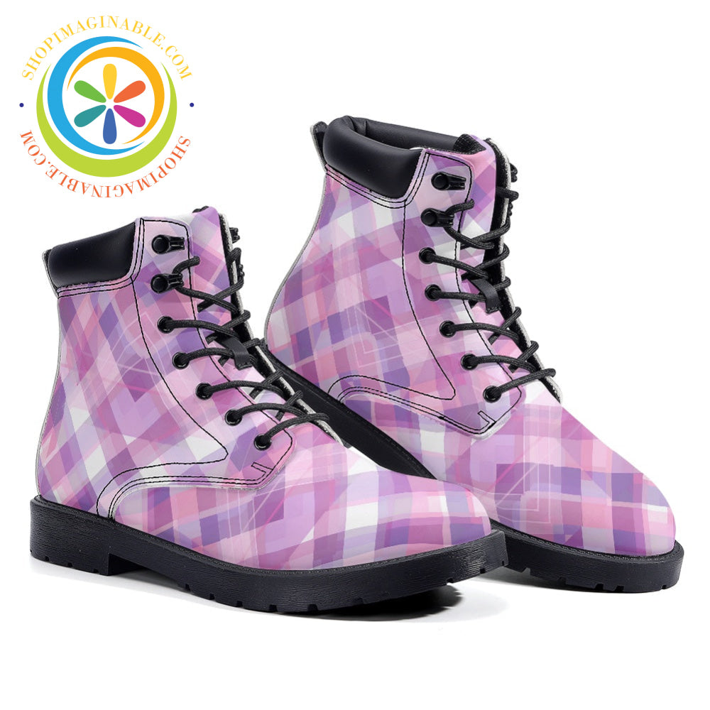 Bold Pink Plaid - Leather Martin Boots