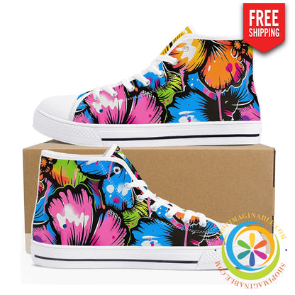 Bright Hibiscus Ladies High Top Canvas Shoes