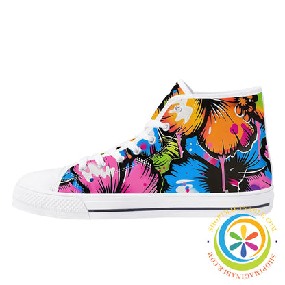 Bright Hibiscus Ladies High Top Canvas Shoes