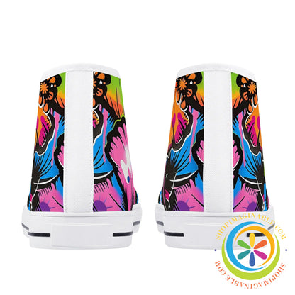 Bright Hibiscus Ladies High Top Canvas Shoes