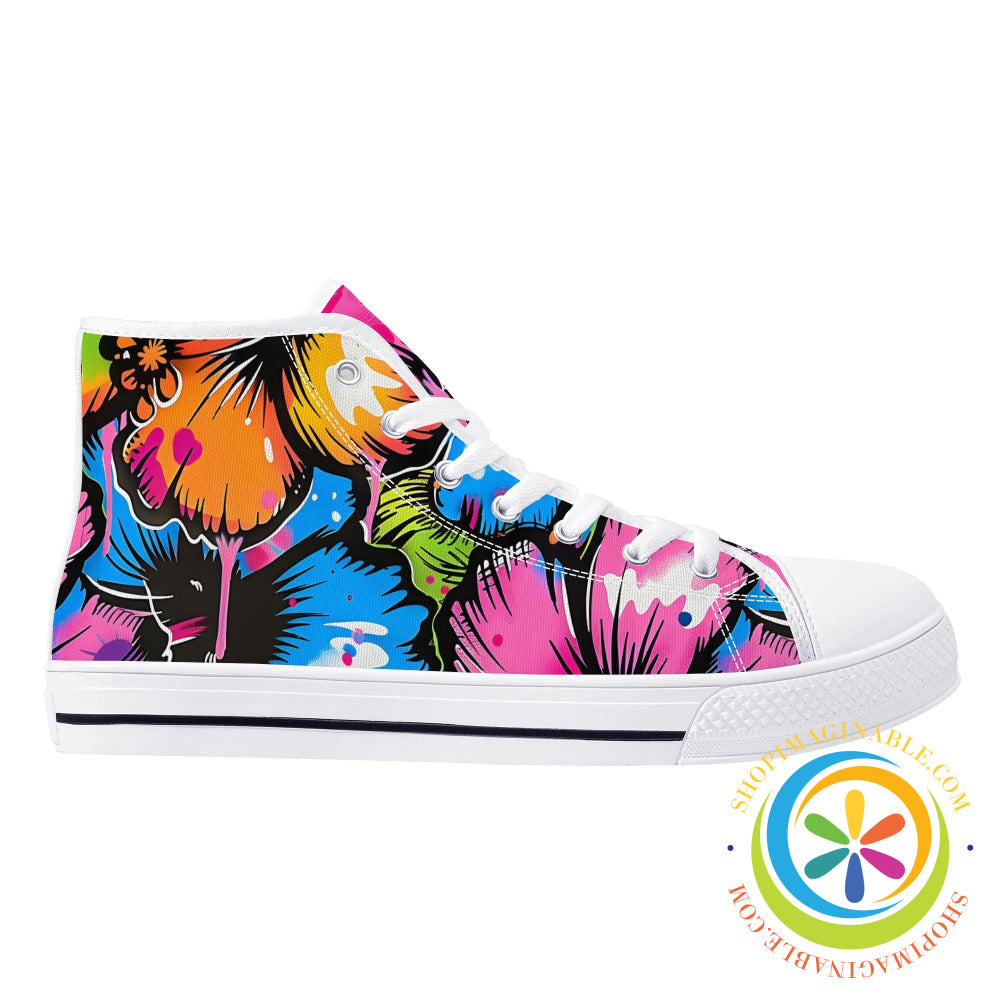 Bright Hibiscus Ladies High Top Canvas Shoes