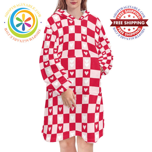 Checkered Hearts Blanket Hoodie white / ONESIZE