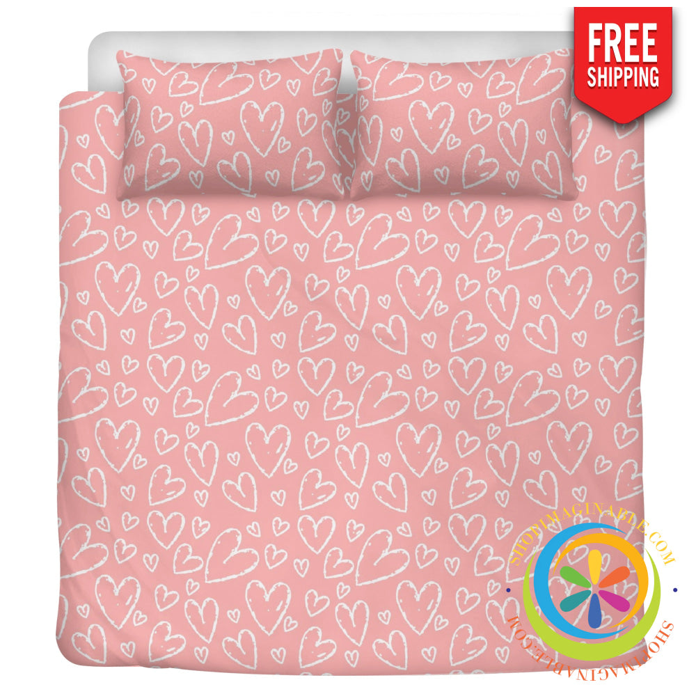 Chic Pretty In Pink Hearts Bedding Set Beige / Us Twin