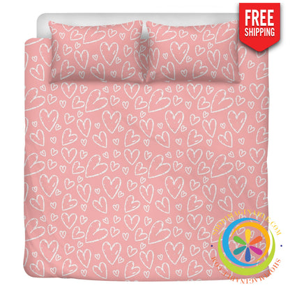 Chic Pretty In Pink Hearts Bedding Set Beige / Us Twin