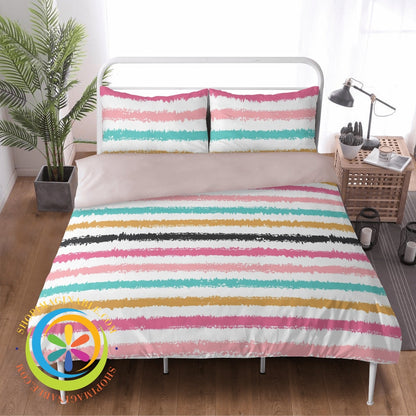 Chic Rainbow Striped Bedding Set Beige / Us Twin