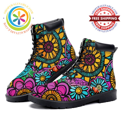 Floral Mandala - Leather Martin Boots white / 36