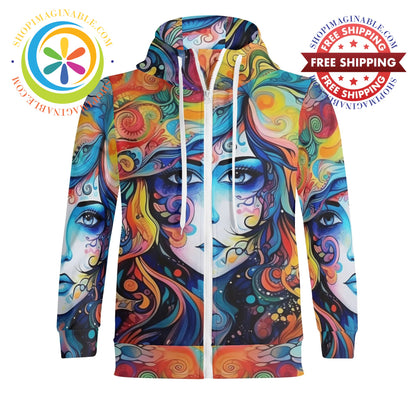 Hippy Psychedelic Full Zip Turtleneck Hoodie Streetwear S