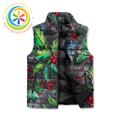 Holiday Graffiti Holly Unisex Zip Up Puffer Vest