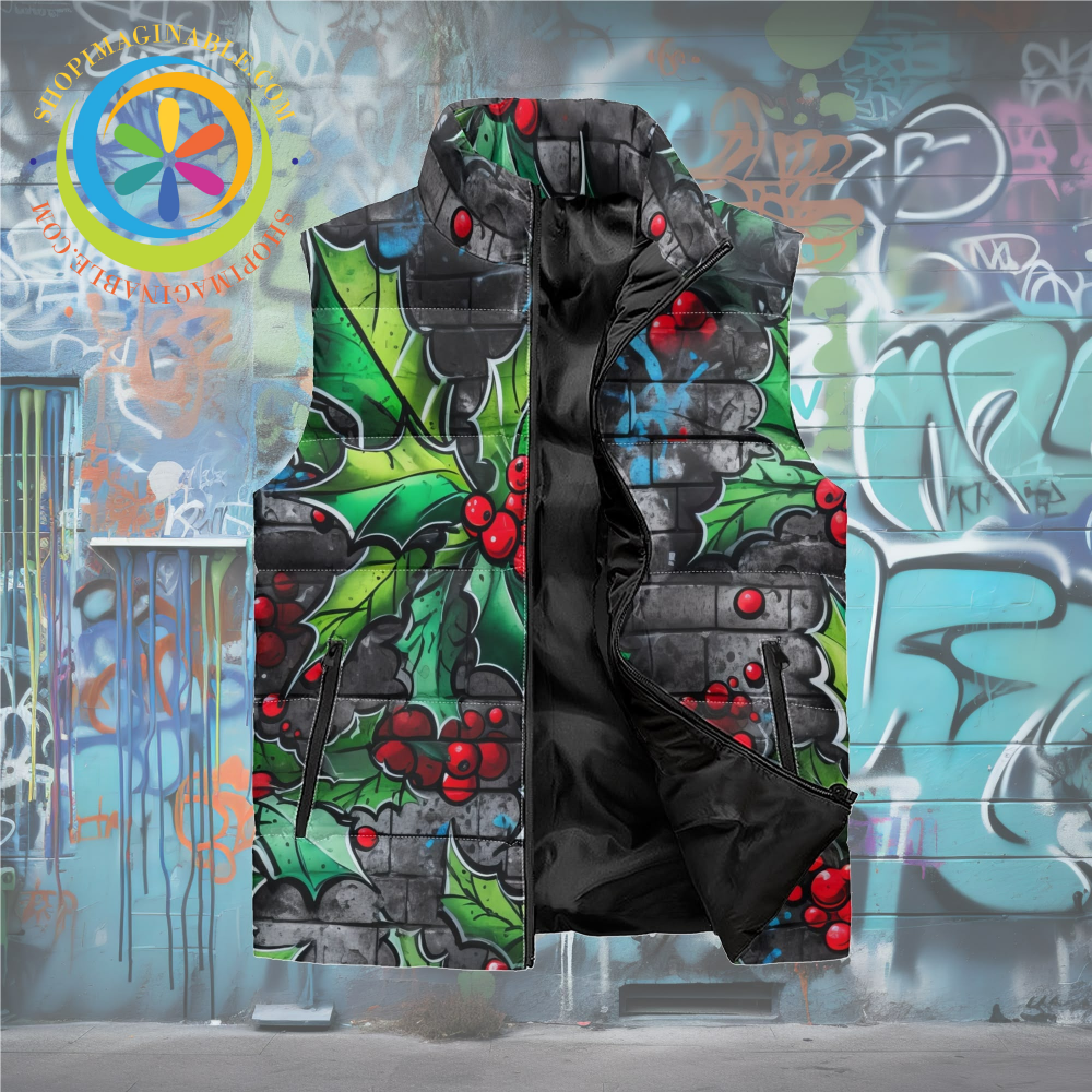 Holiday Graffiti Holly Unisex Zip Up Puffer Vest