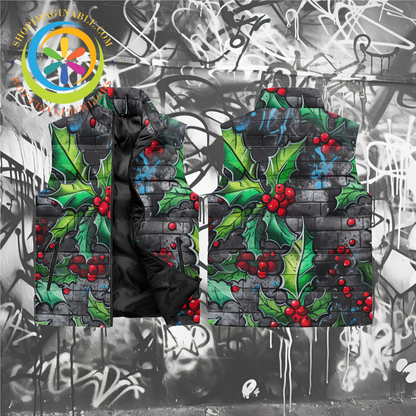 Holiday Graffiti Holly Unisex Zip Up Puffer Vest