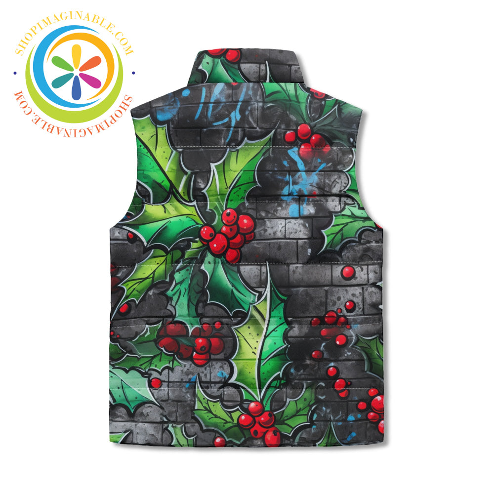 Holiday Graffiti Holly Unisex Zip Up Puffer Vest