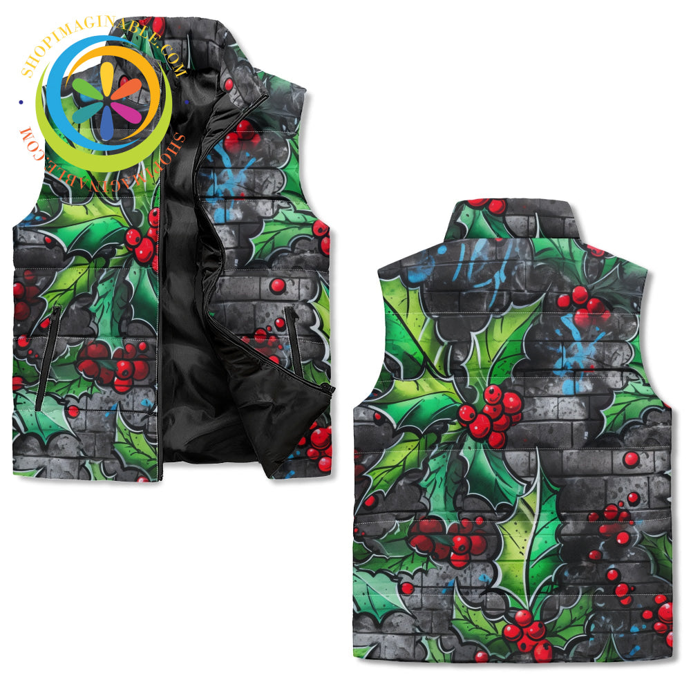 Holiday Graffiti Holly Unisex Zip Up Puffer Vest