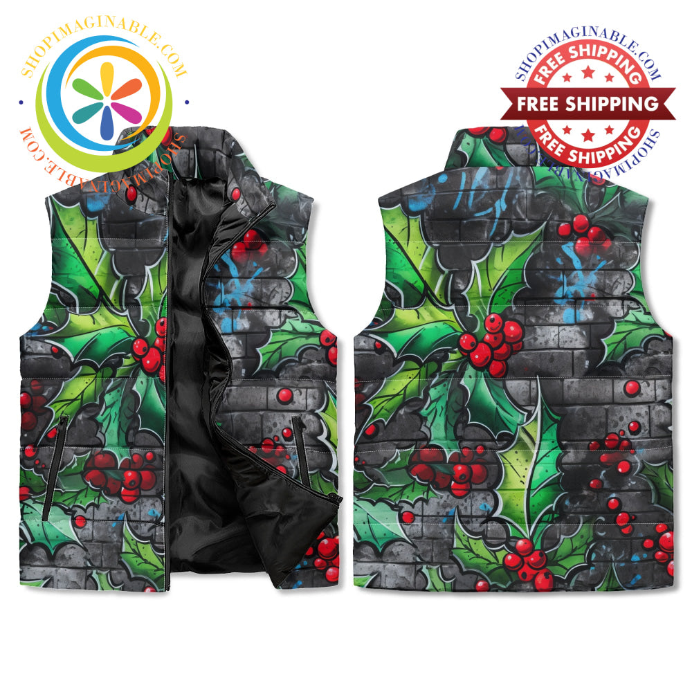 Holiday Graffiti Holly Unisex Zip Up Puffer Vest M