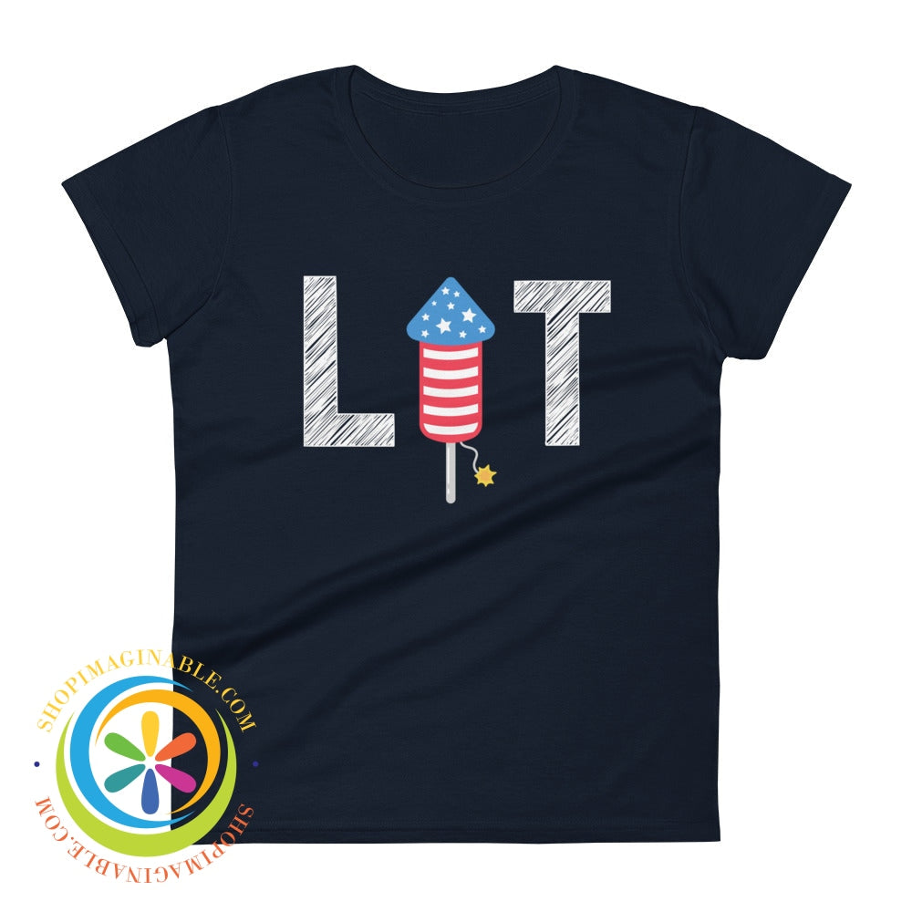 Lit Fireworks Fire Cracker July 4Th Usa Ladies T-Shirt Navy / S T-Shirt
