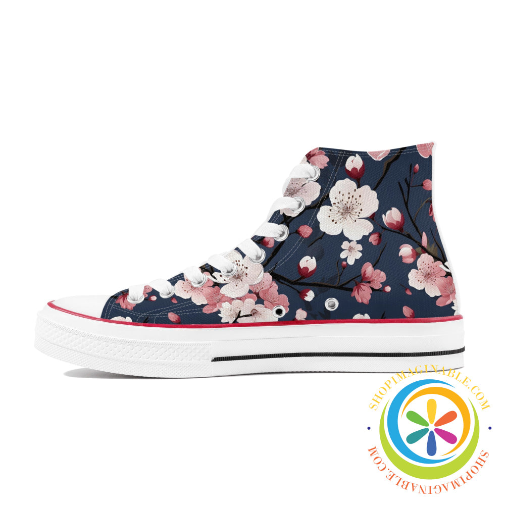 Midnight Blue Cherry Blossom Ladies Canvas High Top Shoes