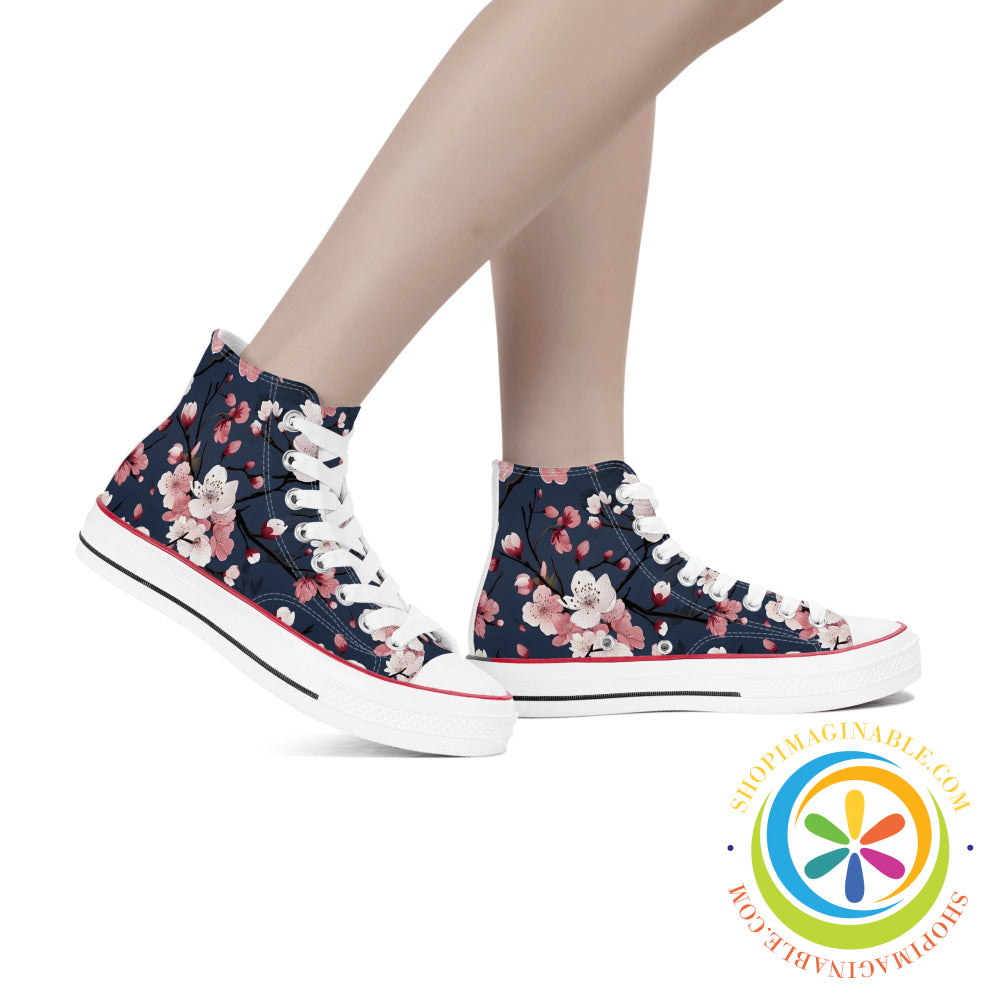 Midnight Blue Cherry Blossom Ladies Canvas High Top Shoes