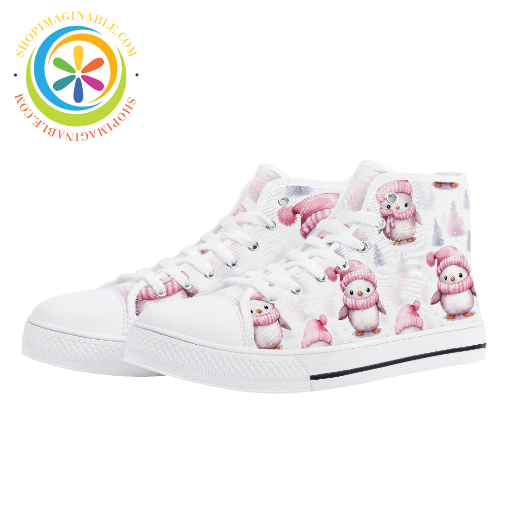 Pink Holiday Penguins Ladies High Top Canvas Shoes