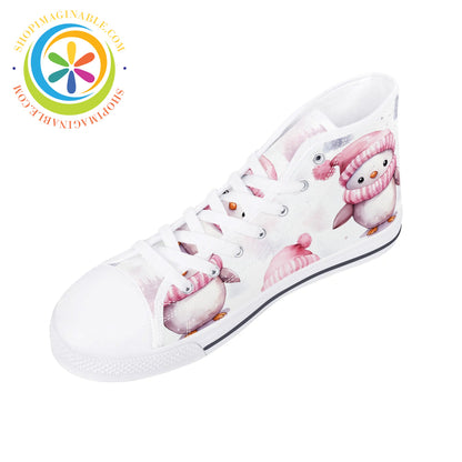 Pink Holiday Penguins Ladies High Top Canvas Shoes