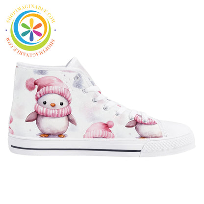 Pink Holiday Penguins Ladies High Top Canvas Shoes