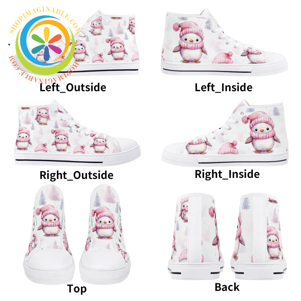 Pink Holiday Penguins Ladies High Top Canvas Shoes