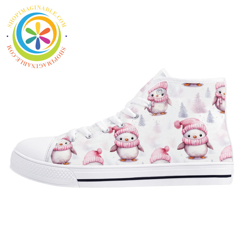 Pink Holiday Penguins Ladies High Top Canvas Shoes