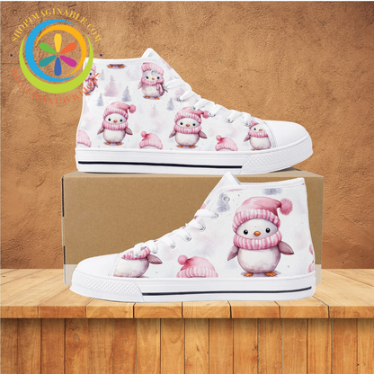 Pink Holiday Penguins Ladies High Top Canvas Shoes