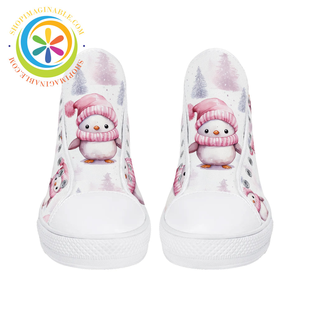 Pink Holiday Penguins Ladies High Top Canvas Shoes