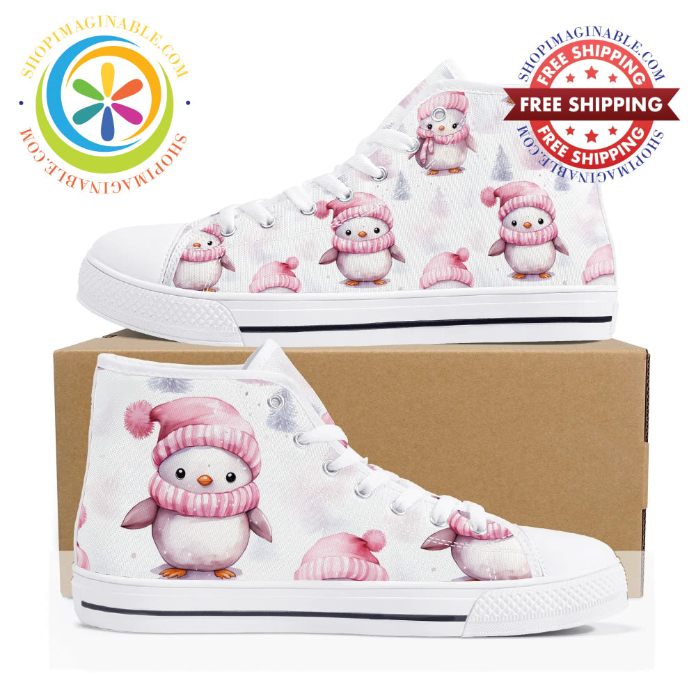 Pink Holiday Penguins Ladies High Top Canvas Shoes Us12 (Eu44)