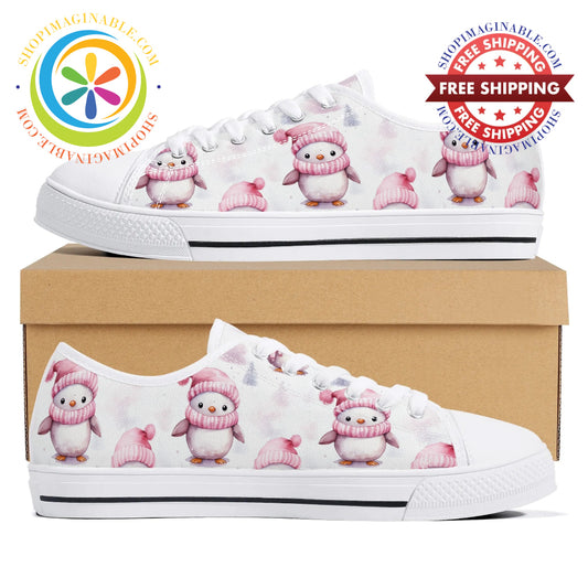 Pink Holiday Penguins Ladies Low Top Canvas Shoes Us12 (Eu44)