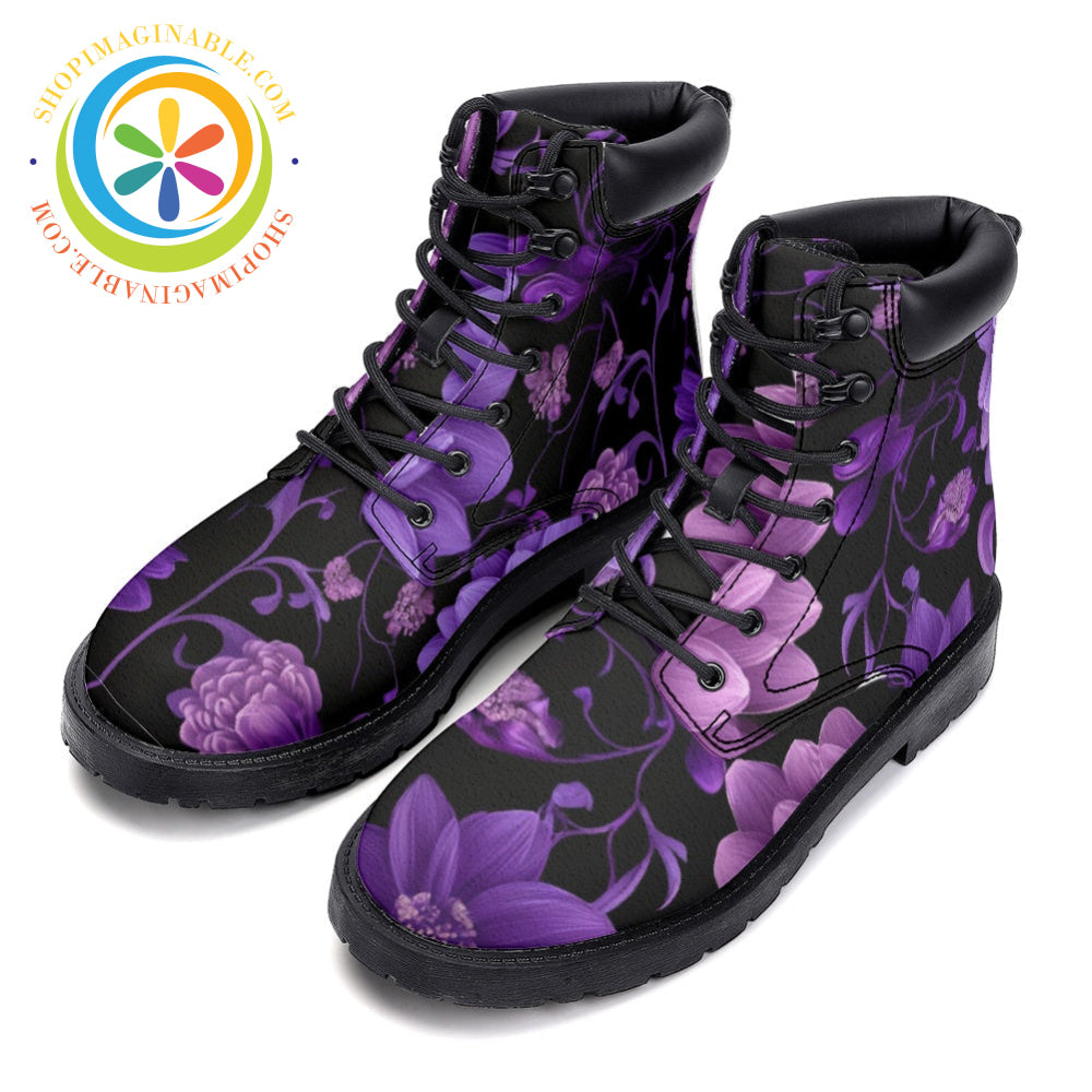 Purple Floral Fantasy-Leather Martin Boots