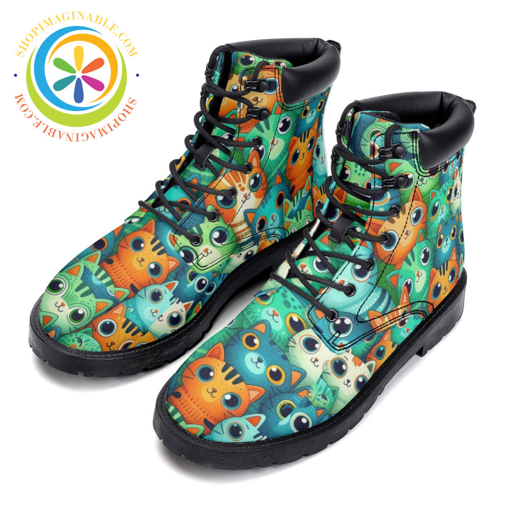 Quirky Green Cats - Leather Martin Boots