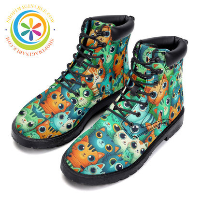 Quirky Green Cats - Leather Martin Boots