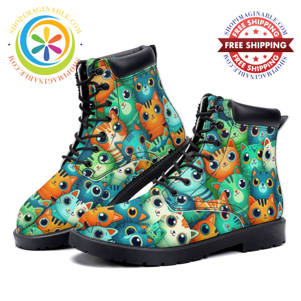 Quirky Green Cats - Leather Martin Boots white / 36