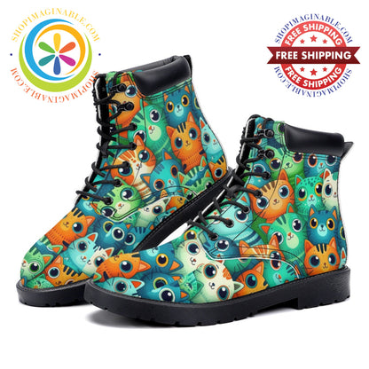 Quirky Green Cats - Leather Martin Boots white / 36