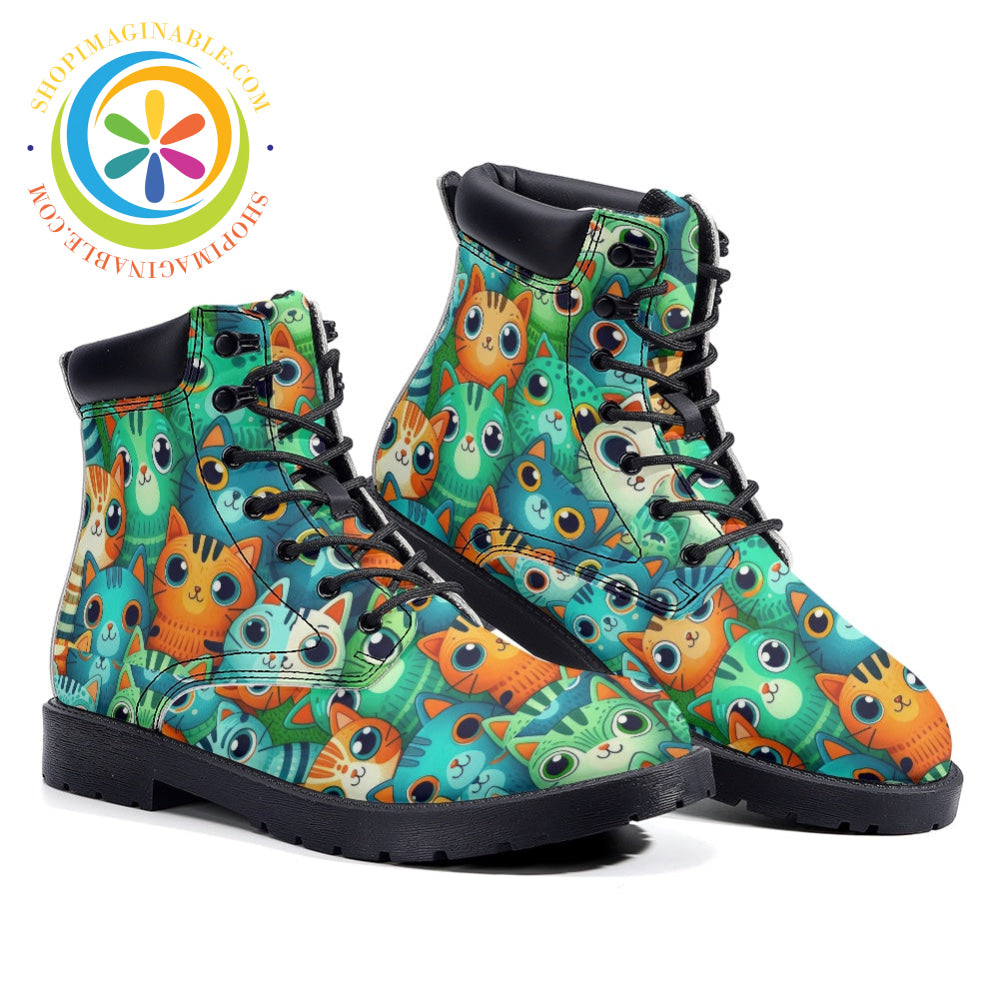 Quirky Green Cats - Leather Martin Boots