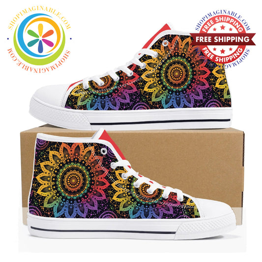 Rainbow Mandala Ladies High Top Canvas Shoes White / Us12 (Eu44)