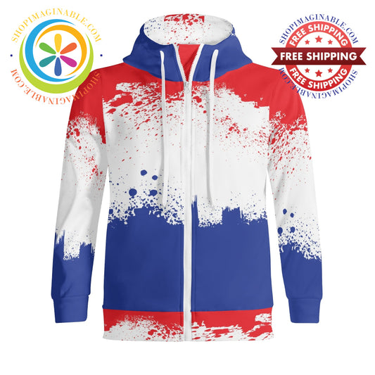 Red White & Blue Full Zip Turtleneck Hoodie Streetwear S