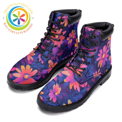 Retro Neon Daisy - Leather Martin Boots