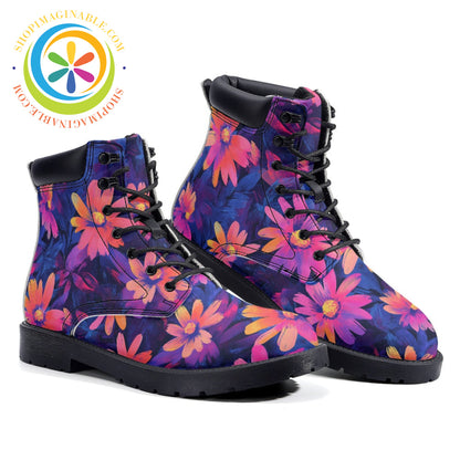 Retro Neon Daisy - Leather Martin Boots