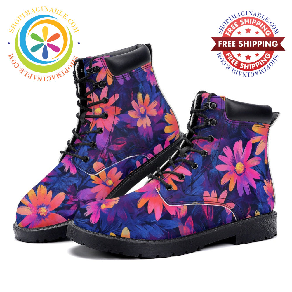 Retro Neon Daisy - Leather Martin Boots white / 36