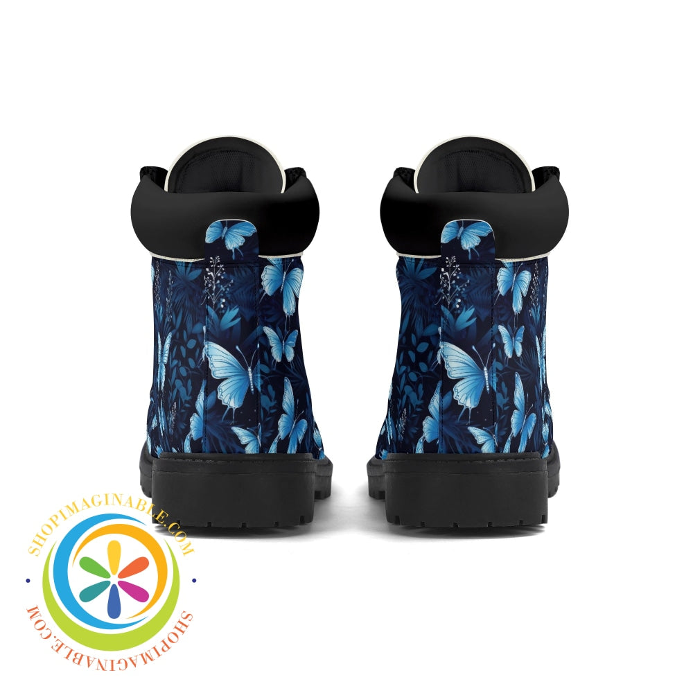 Stunning Blue Butterflies Womens Black All Season Boots Boots