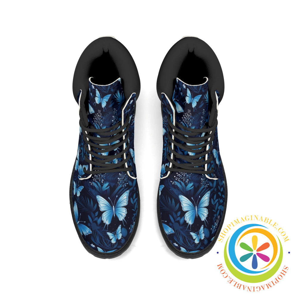 Stunning Blue Butterflies Womens Black All Season Boots Boots