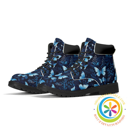 Stunning Blue Butterflies Womens Black All Season Boots Boots