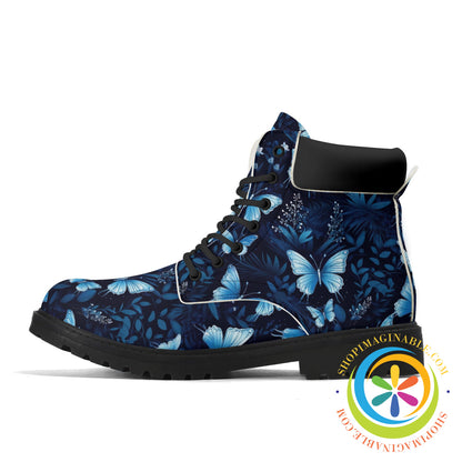 Stunning Blue Butterflies Womens Black All Season Boots Boots