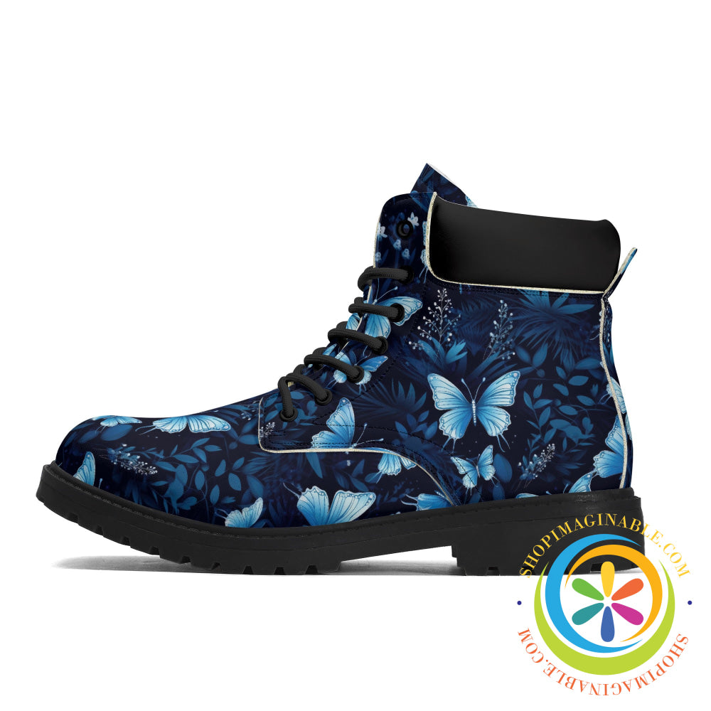 Stunning Blue Butterflies Womens Black All Season Boots Boots