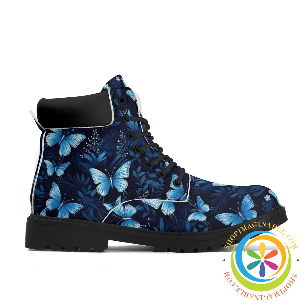 Stunning Blue Butterflies Womens Black All Season Boots Boots