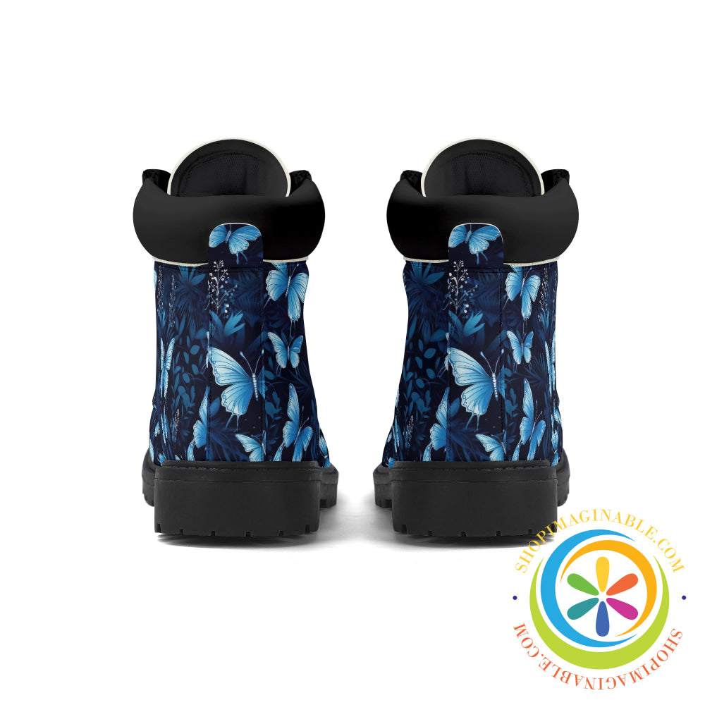 Stunning Blue Butterflies Womens Black All Season Boots Boots