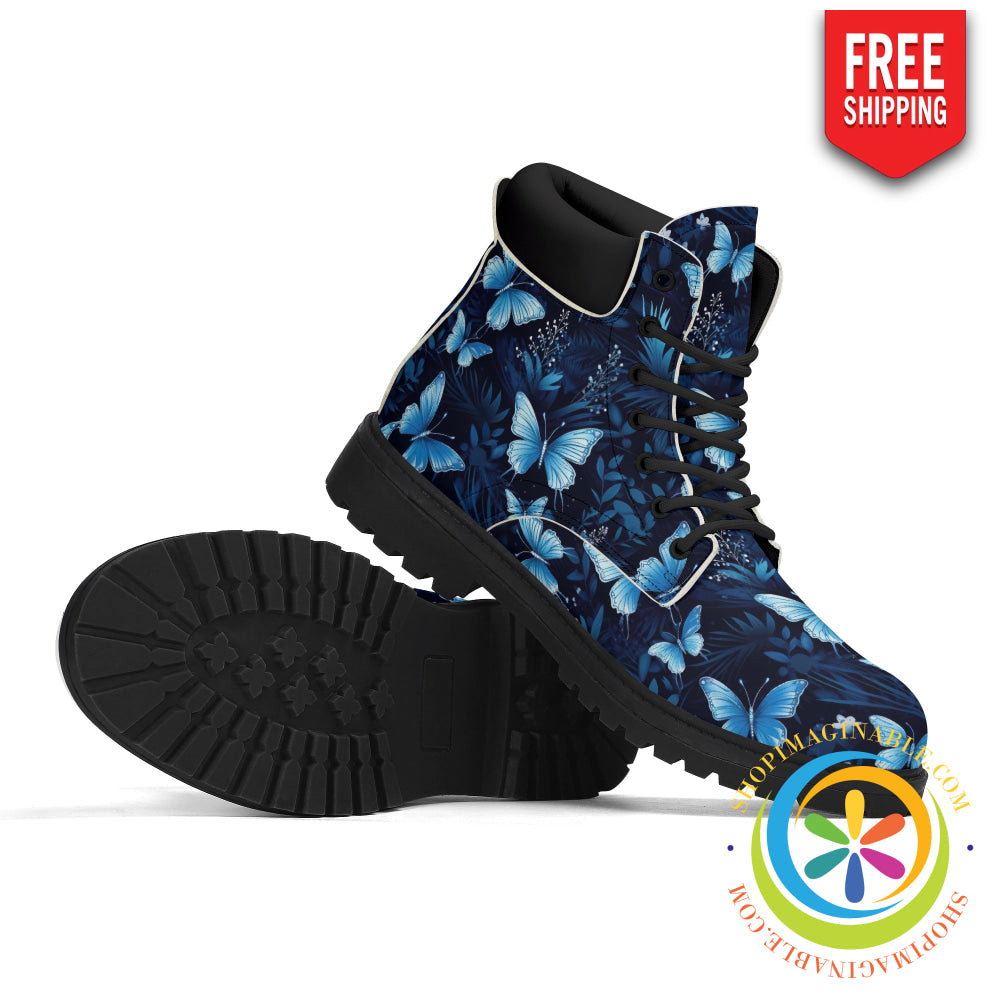 Stunning Blue Butterflies Womens Black All Season Boots Us5 (Eu35) Boots