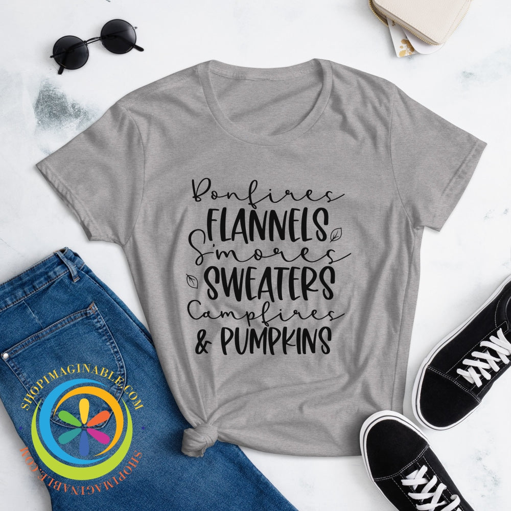 Sweaters Campfires & Pumpkins Fall Saying Ladies T-Shirt