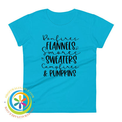 Sweaters Campfires & Pumpkins Fall Saying Ladies T-Shirt Caribbean Blue / S